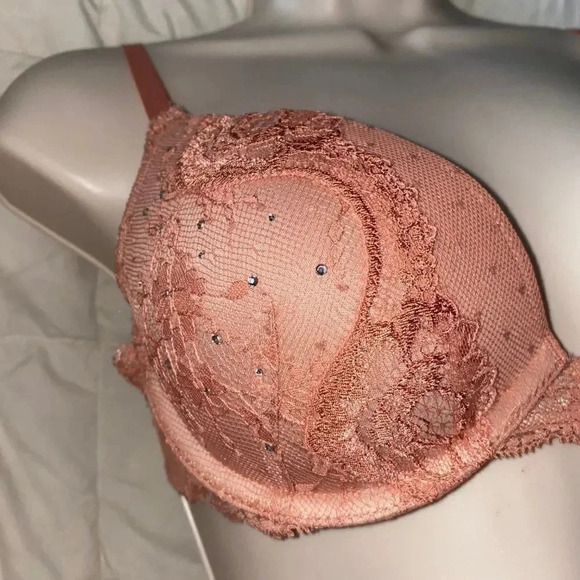 Victoria's Secret 32C DREAM ANGELS Glitter Pushup Champagne Bra Floral Lace Mesh - Picture 5 of 10
